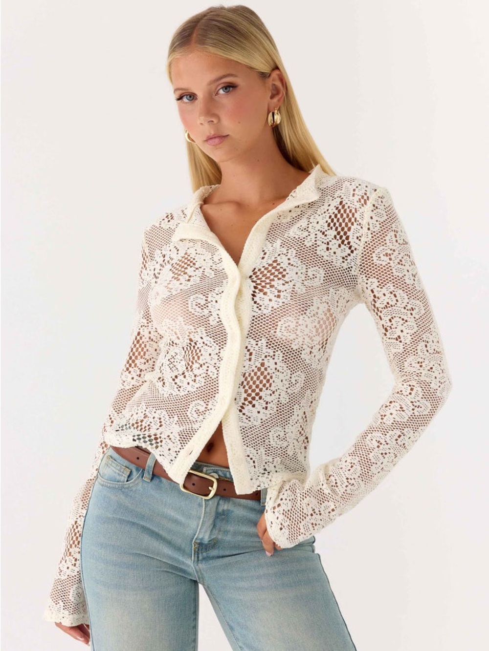 Peppermayo Ivory Crochet Lace Button-Down Shirt